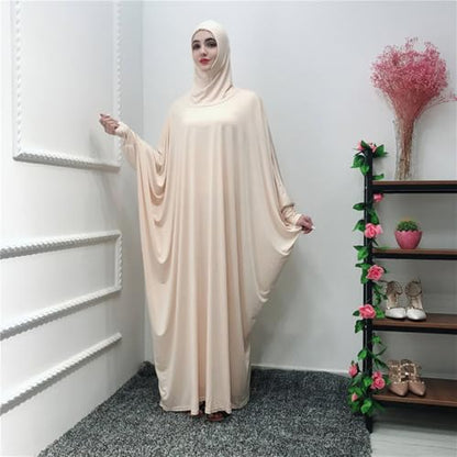 Women's Solid Muslim One-Piece Prayer Dress Abaya Kaftan with Hijab Full Length Dress - color: Beige