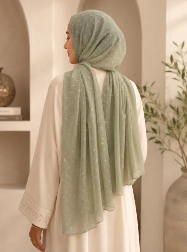 Chiffon Dotted Hijab Scarf for Women, Lightweight Textured Head Wrap Shawl,Soft Muslim Headscarf for Spring Fall - color: Mcmqxf2531-8#lightgreen