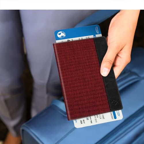 FINTIE Passport Holder, Slim Travel Wallet RFID Blocking Card Case Cover - color: Denim Burgundy