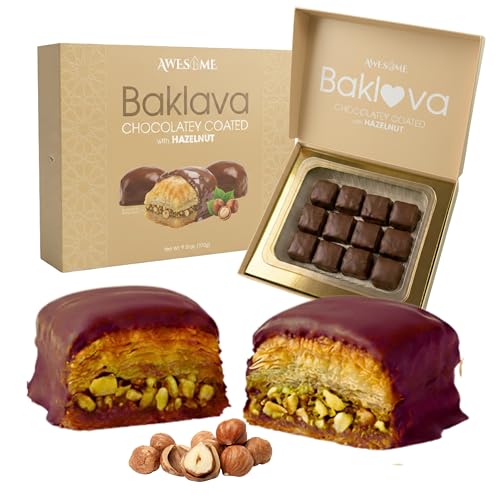 Baklava Pastry with Hazelnut | Chocolatey Coated Turkish Baklava | 9.51 oz (270 g) | Baklava Chocolate Gift Box, Premium Halal Snack, Elegant Ramadan & Eid Gift | Perfect for Parties, Family Gatherings, Corporate Events, or Festive Celebrations (Hazelnut)