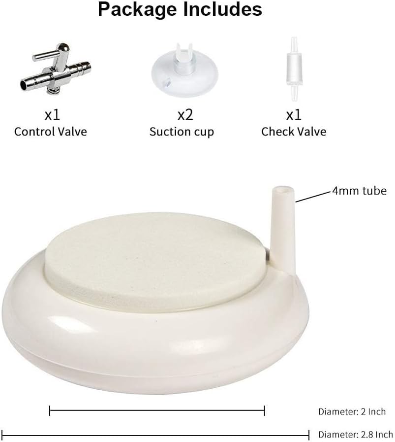 hygger Aquarium Air Stone, Fish Tank Bubbler, Nano Furnace Flue Round Stone Disk, Small Bubbles and High Dissolved Oxygen for Hydroponics, with 2 Suction Cups, 1 Adjust Valve, 1 Check Valve (2 Inch) - color: White, size: 2 Inch