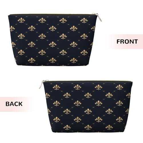 Leather Makeup Bag for Purse, Waterproof Small Toiletry Bag with Zipper, Cute Cosmetic Bags for Women, Navy Gold Fleur De Lis Pattern Travel Pouch - color: Navy Gold Fleur De Lis Pattern