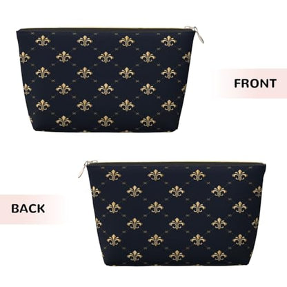 Leather Makeup Bag for Purse, Waterproof Small Toiletry Bag with Zipper, Cute Cosmetic Bags for Women, Navy Gold Fleur De Lis Pattern Travel Pouch - color: Navy Gold Fleur De Lis Pattern