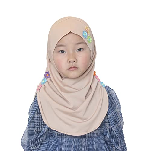 Girls Instant Hijab – Soft Kids Muslim Scarf with Flower, Breathable One-Piece Headscarf for Toddlers Age 2-8 - color: Khaki 1