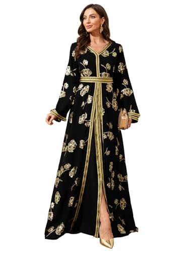 Abaya for Women Floral Embroidered Muslim Dress V-Neck Arabian Maxi Robe - color: Black, size: Medium