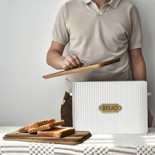 EMAX HOME Vertical Stripes Extra Large Space Saving Farmhouse Bread Box with Wood Lid - Holds 2 Loaves - White Vertical Breadbox Bread Storage Bin Holder for Kitchen Countertop - color: Vertical Grain Embossing