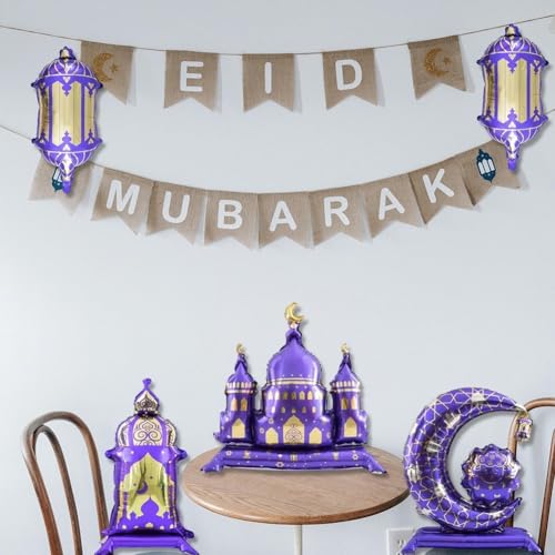 5pcs Hajj Mubarak Star Moon Aluminum Foil Balloon Set Eid Mubarak Islamic Muslim Festival Pilgrimage Party Decor Balloon - color: Purple
