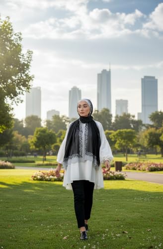 Hijab Modest and Elegant | Beautifully Designed Printed Chiffon Patterns | Muslim Women Head Scarf and Veil - color: Black D