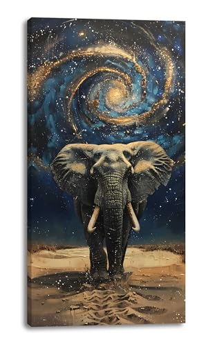 Palderwallart Galaxy Elephant Canvas Wall Art for Bathroom Bedroom Home, Surreal Animal Painting Print Picture Decor Artwork, Wrapped Gift Inner Frame 20x40 Inche - color: Blue Starry & Elephant Wall Art (W992), size: 40"L x 20"W