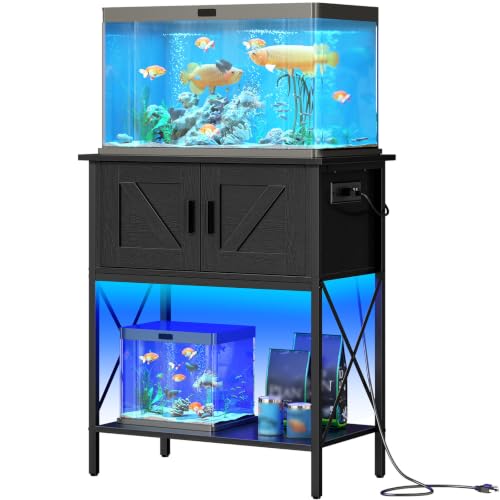 HOOBRO 20 Gallon Fish Tank Stand with Power Outlets and LED Light, Metal Frame Aquarium Stand, Reptile, Turtle Tank Stand with Cabinet Storage, 27.6'' L x 15.7'' W, 300 LBS Capacity, Black BB40UDFT01 - color: Black