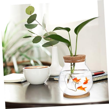 Toyvian Desktop Glass Fish Bowl with Lid Small Hydroponic Betta Tank Includes Mat for Easy Placement for Home Office Dining Table Decoration