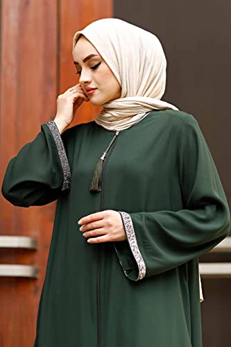istanbul styles 여성용 스톤 슬리브 Abaya 긴소매 바닥 길이 지퍼 바닥 길이 터키 이슬람 패션 - color: 초록색., size: 3X-Large