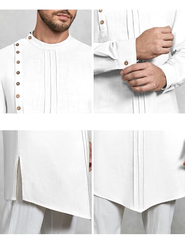 Gafeng Mens Kaftan Thobe Long Sleeve Robe Gown Casual Cotton Linen Button Muslim Shirt - color: White-, size: XX-Large