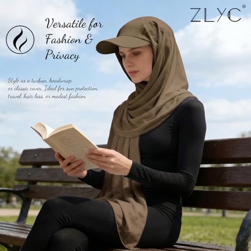 ZLYC Women Muslim Hijab Scarf with Visor Built-in Undercap Sun Protection Headwrap - color: Solid Khaki