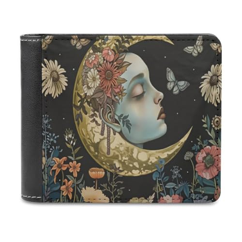 Moon And Floral Face Bifold Wallet 4.6x3.7 Inch,Slim Compact Folding Wallet with Card Slots And Cash Pocket Lightweight Wallet for Everyday Carry Travel Business - color: Moon and Floral Face-1