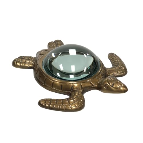 Sea Turtle Magnifying Glass Paperweight, Antiqued Brass with Glass Lens, 6.75x6x1.75 Inches, Nautical Office Desk Decor