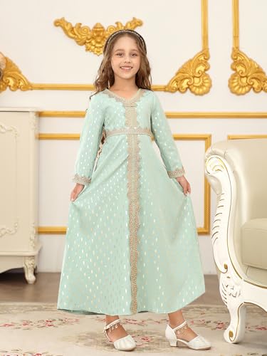 ABAO SISTER Girls Muslim Ramadan Abaya Kids Long Sleeve V Neck Prayer Dress Middle East Arabic Dubai Attire Kaftan Dress - color: Green, size: 2