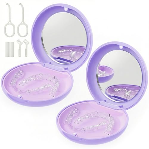 2 Pack Retainer Case with Mirror, Magnetic Aligner Case Compatible with Invisalign, Portable Slim Orthodontic Storage Kit for Clear Aligners - Purple - color: 2 Pack - Purple with Mirror