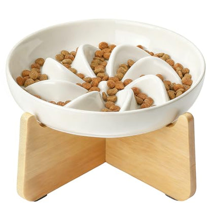 PETTOM Slow Feeder Cat Bowl with Stand, Ceramic Slow Eating Cat Bowl with Higher Edges, Elevated Cats Food Bowls for Dry and Wet Food Anti-Vomiting Puzzle Feeder for Healthy Eating Diet - color: Milky White