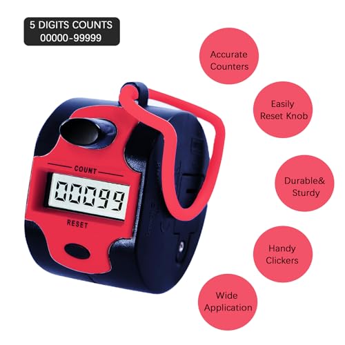TESEAS Handy Counter Click Manual Digital clicker Stitch Tally Counters Finger Mechanical Palm Handheld Pitch 5-Digit Electronic Display Click Counter Number Count for Row, People, Golf Lap - style: 1pc red