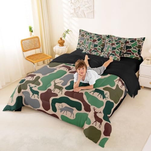 Erosebridal Camo King Comforter Set with Sheets 7 Piece Deer Hunting Bed in A Bag Army Green Military Camouflage Bedding Sets Rustic Country Wildlife Bed Set - color: Army Green Brown, size: King