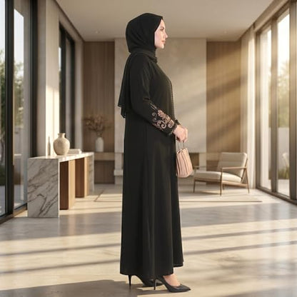 Women's Embroidered Sleeves Abaya and Embroidered On The Side of The Zipper Long Sleeve Floor Length Turkish Fashion - color: Black, size: Medium
