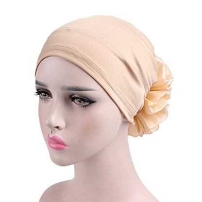 Women Flower Elastic Turban Beanie Head Scarf wrap Chemo Cap hat for Cancer Patient - color: Khaki