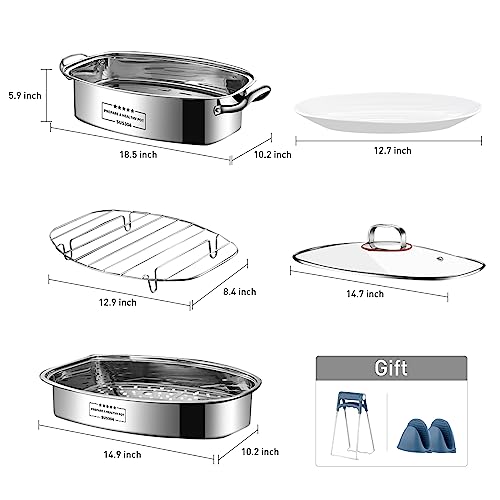 Eglaf 2-Tier Stainless Steel Fish Steamer - Multi-Use Square Steaming Cookware with Rack, Ceramic Plate, Chuck, Oven Mitts - Stockpot for Steaming Fish, Boiling Soup | Multi-Use Steaming with Rack, Ceramic Plate, Chuck, Oven Mitts, Stockpot for Steaming F