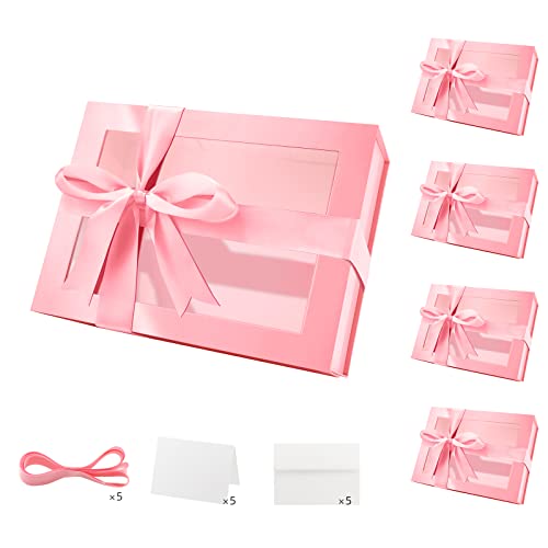 PACKQUEEN 5 Pink Clear Magnetic Lids Gift Boxes with Windows 9x6.5x3.8 In - color: Pink-9x6.5x3.8 Inches-Pack of 5