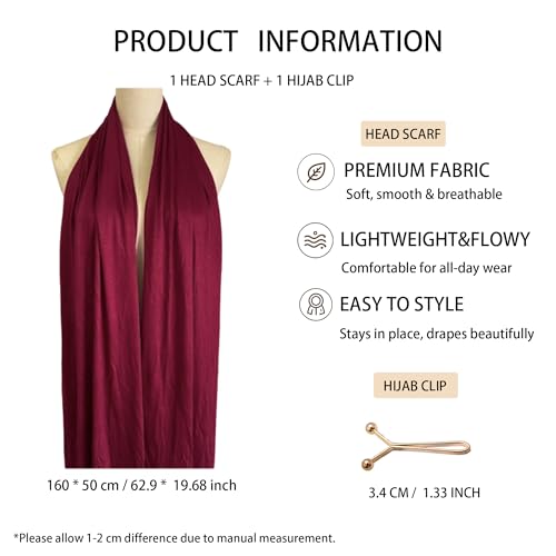 Jersey Hijab Scarf for Women,Lightweight Muslim Turban Head Scarf Modal Feel Hijab Coverings for Prayer with Clip - color: Dark Red