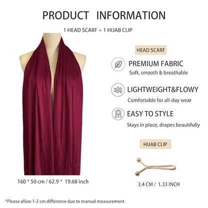 Jersey Hijab Scarf for Women,Lightweight Muslim Turban Head Scarf Modal Feel Hijab Coverings for Prayer with Clip - color: Dark Red