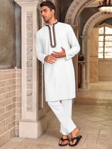 Runcati Mens Kaftan Thobe Cotton Henley Shirt Long Sleeve Embroidery Robe Casual Kurta Muslim Gown Shirt - color: White, size: X-Large