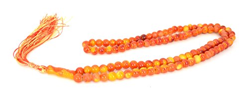 Islamic Prayer Beads - Misbaha Tasbih 99 Glass Bead Necklace - color: Orange Marble W/ Orange and Yellow Tassel