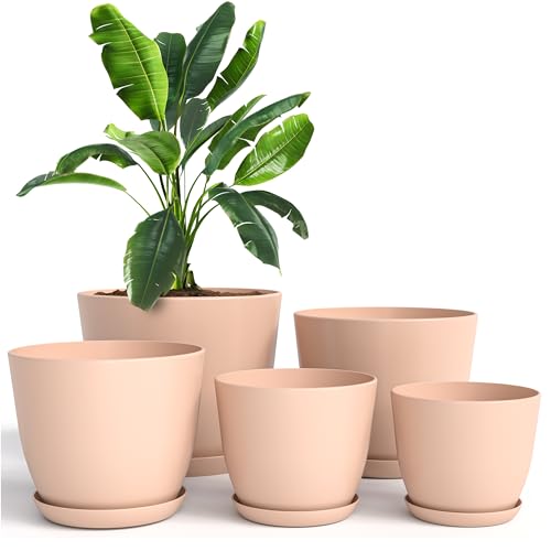 Plant Pots Indoor with Drainage, 5 Pack Multi-Size Planters Set, Pink | Drainage holes included Multiple sizes 7/6.6/6/5.3/4.8 In Indoor plants and flowers Durable plastic construction - color: Peach Pink, size: Pack of 5
