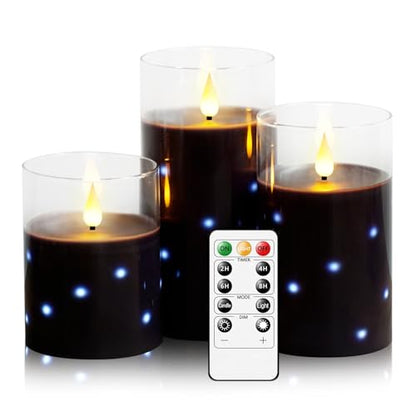 Nimiko Real Wax Flameless Candles Glass,Battery Operated LED Candles with Flickering Flame,Glass Shell,Interior Star Light Decoration Set of 3 Black (D3×H 4" 5" 6") for Home Decor,Holiday Decoration : Tools & Home Improvement