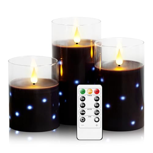 Nimiko Real Wax Flameless Candles Glass,Battery Operated LED Candles with Flickering Flame,Glass Shell,Interior Star Light Decoration Set of 3 Black (D3×H 4" 5" 6") for Home Decor,Holiday Decoration : Tools & Home Improvement