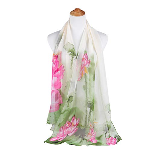 E-Clover Women Soft Floral Print Shawl Chiffon Sheer Scarf - color: Green Pink Lotus