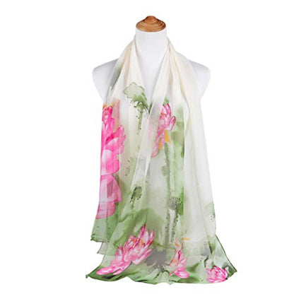 E-Clover Women Soft Floral Print Shawl Chiffon Sheer Scarf - color: Green Pink Lotus