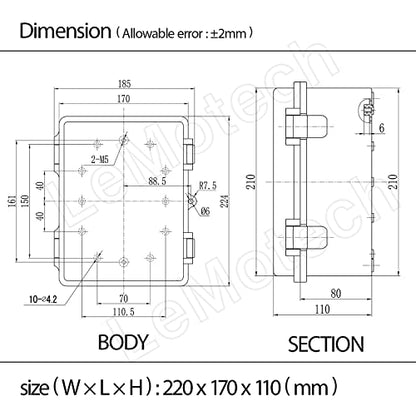 ABS Plastic Dustproof Waterproof IP65 Junction Box Hinged Shell Universal Electrical Project Enclosure Gray, with PC Transparent Clear Cover 8.7 x 6.7 x 4.3inch(220 x170 x110mm) - size: 8.7" x 6.7" x 4.3"