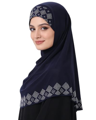 ZGMYC Women Shiny Rhinestones Muslim Hijab Elegant Long Turban Cap Head Wrap Scarf - color: Dark Blue