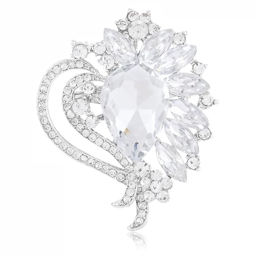 LAXPICOL Vintage Austrian Crystal Elegant Heart Flower Brooch Pin For Women Wedding Broach Pin - color: White