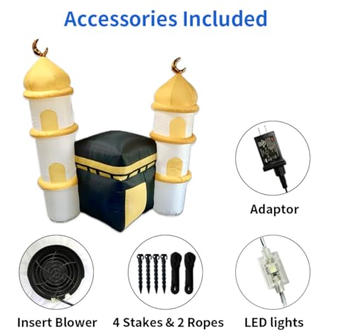 Inflatable Islamic 6FT Ramadan Kareem/Eid Mubarak Kaaba Mosque. Ramadan Blow Up Yard Decorations for Home Holiday Party Indoor, Outdoor,Garden, Lawn Decor. with LED Lights, 3 Banners Rmadan,Eid