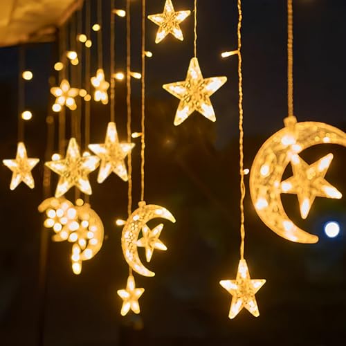 Moon and Star LED Curtain Lights, 8.2ft Christmas Decorations Indoor String Lights, Twinkle Fairy Light for Bedroom,Ramadan Decor, Battery Operated or USB Plug-in, Warm White