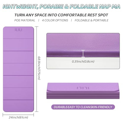 ILILI Foldable Yoga Mat 71 * 24 * 0.3 Inch | Lightweight TPE Non Slip Exercise Mat, Waterproof Portable Fitness Mat for Home Gym, Pilates, Stretching & Daily Workouts - color: Violet