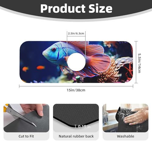 Coral Reef Fish Aquarium Faucet Mat for Kitchen Sink Splash Guard 14×38 CM Super Absorbent Diatomite Faucets Suction Pad Faucet Handle Drip Catcher Tray Dish Drying Mat Housewarming Gift