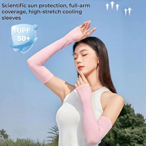Cooling Arm Sleeves with Thumb Hole for Men & Women, UV Sun Protection Compression Sleeves for Outdoor - color: Light Pink