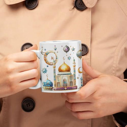 Customized Name Ramadan Coffee Cup, Custom Sparkling Islamic Mosque Mug, Personalized Religious Holiday Full Wrap Cup, Muslim Festivals White Ceramic Mug 11oz 15oz, Gift For Women Men - color: XUA-1124-3654-Islamic Mosque Mug