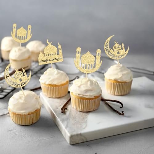 24 Pack Eid Mubarak Cupcake Toppers Glitter Star Ramadan Kareem Cupcake Pick Moon Star Eid Islamic Muslim Theme Party Cake Decoration Supplies Gold - color: Gold