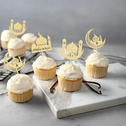 24 Pack Eid Mubarak Cupcake Toppers Glitter Star Ramadan Kareem Cupcake Pick Moon Star Eid Islamic Muslim Theme Party Cake Decoration Supplies Gold - color: Gold