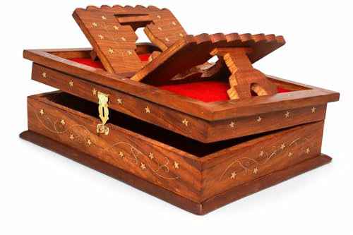 Handmade Wooden Quran Box with Foldable Rehal Stand, Star Inlay Design, Brass Clasp, Red Velvet Interior, 13 x 4 Inch